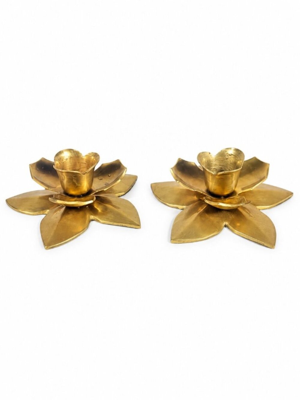 Solid Brass Taper Candle Holders  Set 2 Pair Flower Magnolia Petal Leaf Floral V